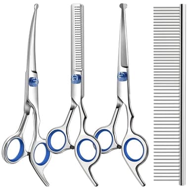 Professional 4 in 1 Dog & Cat Grooming Scissors Kit with Safety Round Tips,Sharp & Durable,Dog Shears for Grooming - Includes Straight, Curved, Thinning Scissors and Comb - Premium Pet Supplies