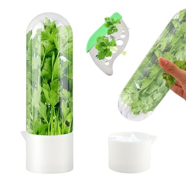 Cramelith Herb Keeper for Refrigerator + Herb Stripper - Cilantro Container for Fridge, Vegetable Preservation Bottle for Cilantro, Mint, Keeps Greens Fresh for 2-3 Weeks(1PCS)