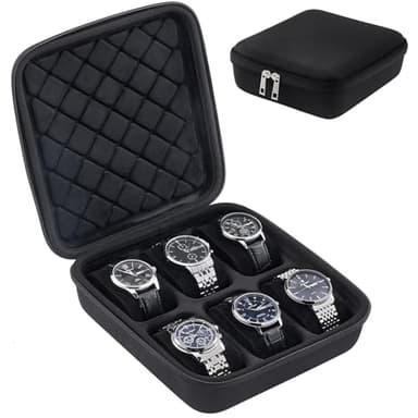 ProCase Travel Watch Case, 6 Slots Hard Shell Storage Box for Watch Bracelet Accessories, Zippered Organizer Bag Valentine's Gift for Women Men -Black