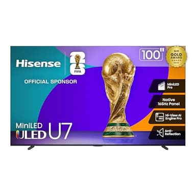 Hisense 100" U7 Mini-LED ULED 4K UHD Best Premium Gaming Google Smart TV (100U75QG) - QLED, Native 165Hz, VRR 288, Up to 3000 Nits, HDR10+, Dolby Vision IQ · Atmos, IMAX Enhanced, 2.1.2 Ch