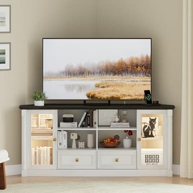 Farmhouse Corner TV Stand for 55 65 Inch TV, Modern Corner Entertainment Center with Power Outlet, Adjustable LED Lights & Glass Doors , Wood Console Cabinet with Storage for Living Room, Bedroom