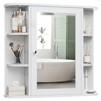 Meilocar Bathroom Medicine Cabinet, Bathroom Mirror Cabinet Wall Mounted with 6 Side Open Shelves, White Wall Cabinet with Mirror, White