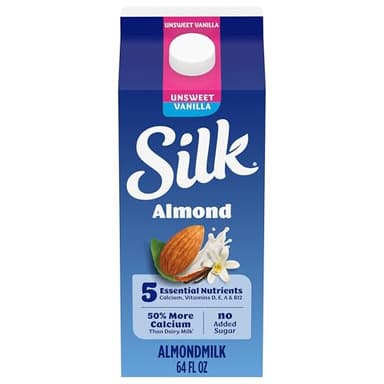 Silk Almond Milk, Unsweet Vanilla, Dairy Free, Gluten Free, Seriously Creamy Vegan Milk with 50% More Calcium than Dairy Milk, 64 FL OZ Half Gallon