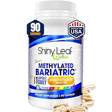 Shiny Leaf Methylated Bariatric Multivitamin Without Iron – Vitamins for Gastric Bypass & Sleeve, 1 Daily Capsule W Methylated Folate, B12, A, C, D, K & More. Vegetarian, Soy-Free, USA Made (90 Ct.)