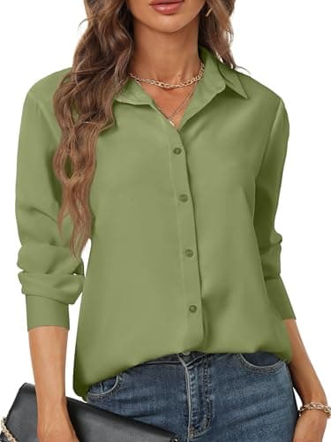 Olive Green Button Down Shirt Women Long Sleeves no Iron Woman Lightweight Workwear Elegant Cute Trending Uniform Vintage Summer Sexy Nice top Going Out Evening Party Attire Army Green Size L