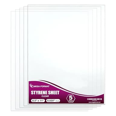 Clear Polystyrene Flexible Plastic Board Sheet 8.5" x 11" (.020 Thick) , Ideal for Modeling Projects, Displays, Plastic Sheets for Crafts, Styrene Sheets Durable (5-Pack)