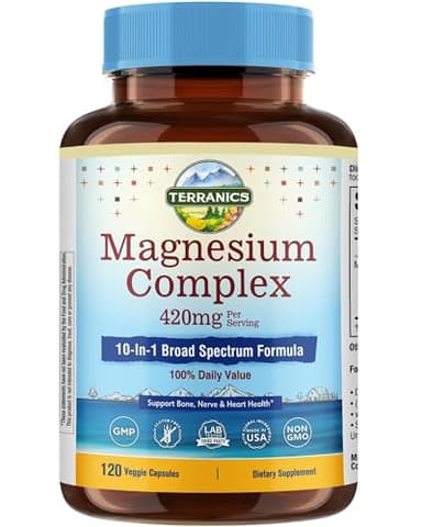 Terranics Magnesium Complex Supplement 420mg, 10-in-1 Full-Spectrum Formula, Glycinate, Citrate, Malate & More, Max Absorption, Bone and Heart Support, 120 Veggie Caps
