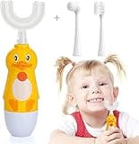 Caromolly Kids U-Shaped Electric Toothbrush, Automatic Massage Toothbrush with U-Type, Cartoon Modeling Toothbrush with Three Types of Brush Heads,Battery Operated,Small for 2-6 Years,Yellow,1 Pack