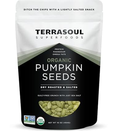 Terrasoul Superfoods Organic Dry-Roasted Salted Pumpkin Seeds (Pepitas), 16oz – Non-GMO, Gluten-Free, Vegan, Keto-Friendly, Shelf-Stable, Resealable Bag