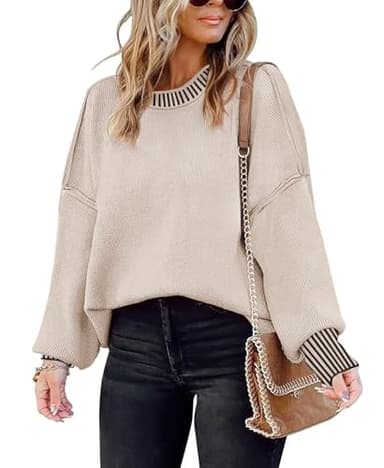 ETCYY Womens Oversized Sweaters Fall 2026 Fashion Clothes Trendy Batwing Sleeve Colorblock Striped Knit Pullover Tops,Line Apricot,Medium