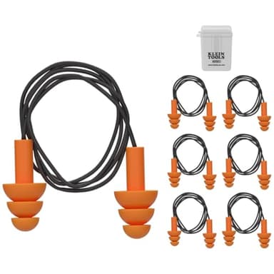 Klein Tools 605036 Corded Earplugs, 25dB NRR, Reusable Orange Ear Protection with Case for Construction, Loud Noise Reduction, 6-Pack