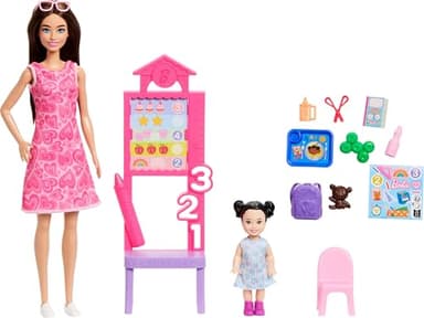 Barbie Careers Teacher Playset with Fashion Doll Wearing Removable Dress, Toddler Small Doll, Classroom Board & Accessories