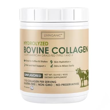 LIVINGANIC Collagen Peptides Powder Unflavored 15.9oz, Hydrolyzed Bovine Collagen 41 Servings Types I & III, Grass-Fed, Pasture-Raised Protein, Zero Sugar Supplement