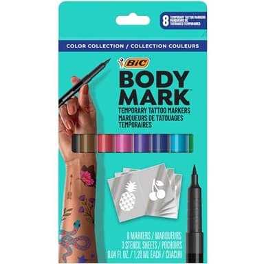 BodyMark Temporary Tattoo Markers, 8-Count Color Collection, Skin-Safe & Cosmetic Quality, Cruelty-Free, Long-Lasting, Flexible Brush Tip, Stencils Included