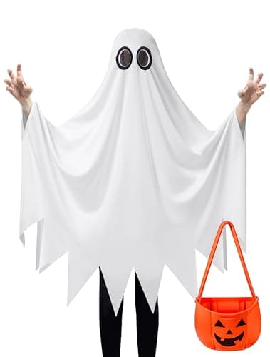 Spooktacular Creations Kids Ghost Costume, Halloween White Silent Ghost Costume with Pumpkin Bag for Boys, Girls Halloween Dress Up, Role Play-S