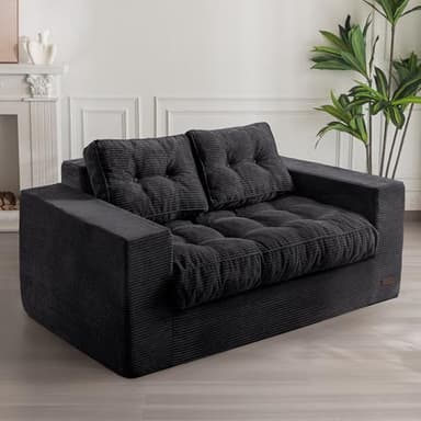 MAXYOYO Bean Bag Chair for Adults, Upholstered Floor Sofa with Armrests, Loveseat Boneless Couch with Tufted Cushion & Backrest, Sofa in A Box, Large Bean Bag Couch for Bedroom Living Room, Black