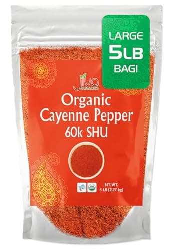 Jiva Organics Cayenne Pepper Powder Ground Chilli Pepper 5 LB Bulk Bag 60K SHU - Culinary, Hot, Non-GMO, All Natural Red Pepper Spice Powder