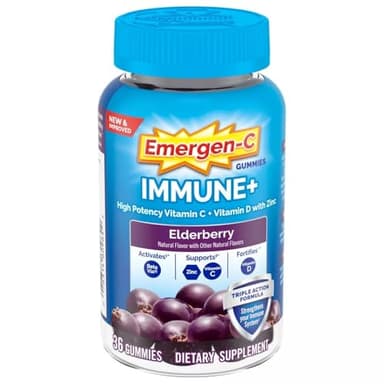 Emergen-C Immune+ Elderberry Gummies, 750 mg Vitamin C with Vitamin D, Zinc and Electrolytes, Immune Support Dietary Supplement, Caffeine Free, Gluten Free, Elderberry Flavor - 36 Count