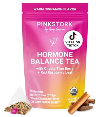 Pink Stork Hormone Balance Tea for Women – Red Raspberry Leaf & Chasteberry (Vitex) – Organic Herbal Tea for PMS, Menstrual Cycle & Perimenopause Support – Caffeine-Free Cinnamon Blend – 30 Cups