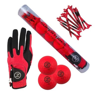 Zero Friction Men's SuperTube Golf Kit (Includes 3 Golf Balls, 1 Universal fit Glove, and Pack of Golf tees), Neon Red