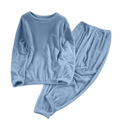 Women Fleece Pajamas Set Long Sleeve Lounging Warm Sleepwear High Elastic Crewneck Loungewear Sherpa Night Blue