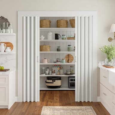 SmartStandard 60" x 80" Double Accordion Doors Interior, PVC Accordion Folding Doors for Doorway, Include Door, Mounting Hardware and Handle, Double-Layer for Closet Bathroom Basement, White