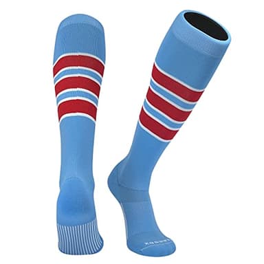 PEAR SOX Striped OTC Baseball, Softball, Football Socks - Sky Blue, White, Scarlet Red (C) (L)