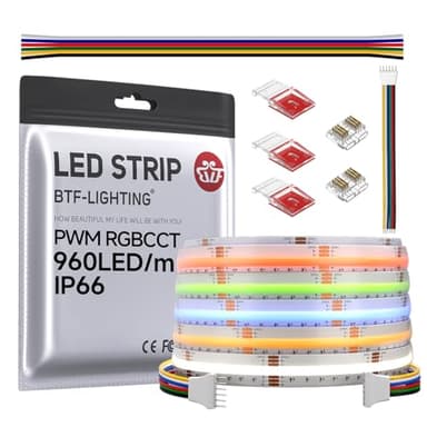 BTF-LIGHTING FCOB IP66 COB LED Strip RGBCCT Color Changing 16.4FT 960LED/m DC24V Flexible High Density Light RGB+CCT Tunable 3000K-6000K 12mm Width for Indoor Decor(No Adapter or Controller)