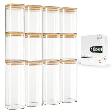 LIBWYS 12-Pack Square Glass Storage Jars with Bamboo Lids (0.6Qt/1.06Qt) - Stackable Food Containers for Pantry Organization, Coffee, Flour, Snacks, Tea | Kitchen Canisters Set