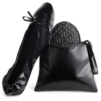 Rose Cheeks Black Foldable Ballet Flats for Women, Roll Up Flats with Zipper Pouch, US Size 8.5-9.5 - Ballet Slippers Women - Ballerina Shoes - Foldable Shoes