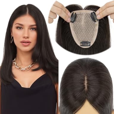 Elailite Human Hair Toppers for Women Real Human Hair Thinning Thin 9 * 12CM Silk Base Clip in Remy Hairpieces Hand-Tied 12 Inch Natural Black
