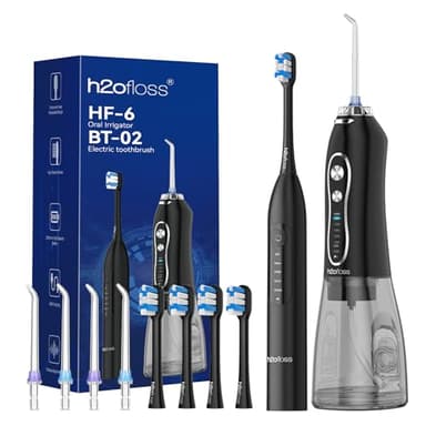 H2ofloss Water Flosser & Electric Toothbrush Combo – 2-in-1 Oral Care for Brushing & Flossing | 300ML Water Tank, 20–110 PSI, 5 Modes, BPA-Free | Long Battery Life | for Home & Travel