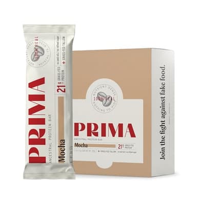 Prima Ancestral Protein Bar | Grass Fed Protein Bars | 21g Protein, Beef Tallow, Seed Oil Free | Mocha, 7 Pack