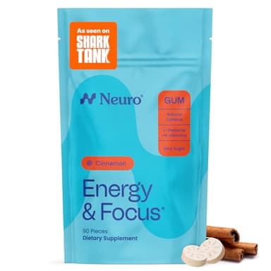 Neuro Energy & Focus Gum - 40mg Natural Caffeine Gum & Nootropic Energy Supplement with L-Theanine & B Vitamins - Sugar Free, Vegan - Cinnamon, 90ct