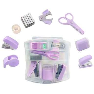 8 Pack Mini Office Supply Kit Portable Case with Scissors,Tape Dispenser Set, Punch,Pencil Sharpener, Mini Stapler with Staples and Staple Remover (Purple)