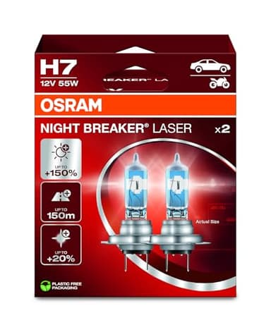 OSRAM NIGHT BREAKER LASER H7, +150% Brighter Halogen Headlight Lamp, 64210NL-2HB, 12V, Hanging Folding Box (2 Lamps)