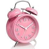 Peakeep 4 Inches Twin Bell Loud Alarm Clock for Heavy Sleepers Kids, Battery Operated Old Fashioned Alarm Clock (Pink)