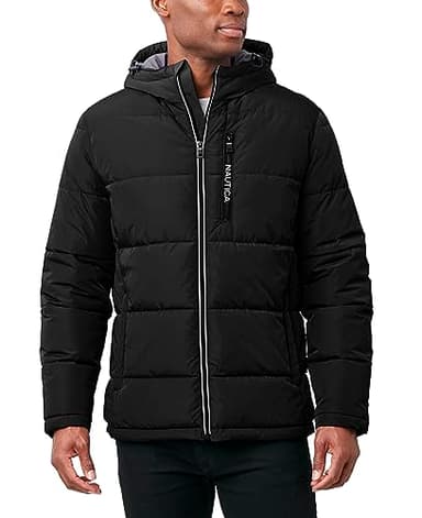 Nautica Men's Midweight Quilted Faux Memory Puffer Jacket –Adjustable Hood Insulated Winter Coat, Black, Large