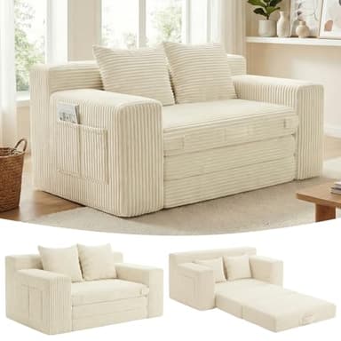 Boneless Couch,Boneless Loveseat Sleeper Sofa Bed – 3-in-1 Convertible Couch Bed with Side Pockets & Handle,Pull Out Corduroy Futon for Small Space,Living Room & Bedroom,2 Pillows Included,No Assembly