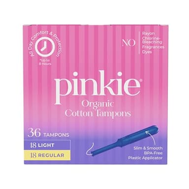 Pinkie Organic Tampons - 100% Cotton Core Adapts to Your Body – Slim BPA-Free Applicator for Comfortable Insertion - Chlorine, Fragrance, Dye & Rayon Free - Light/Regular, 36 Count
