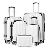 Coolife Luggage Expandable 5 Piece Sets PC+ABS Spinner Suitcase 20 inch 24 inch 28 inch (white grid new)