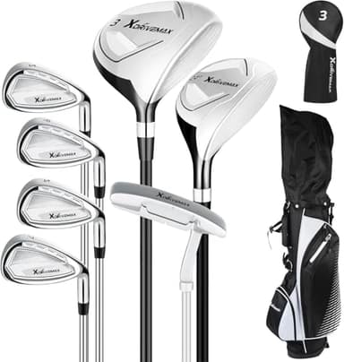 XDriveMax 8-Piece Left/Right Hand Complete Golf Club Set for Men & Women: Wood, Hybrid, Irons, Putter & Bag - Beginner Friendly, High Distance & Accuracy,Right,White