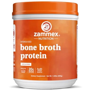 Zammex Pure Grass Fed Beef Bone Broth Protein Powder, 20g Protein, Hydrolyzed Collagen Supplement for Healthy Skin, Nails, Hair, Joints, Non-GMO, Gluten Free, Paleo & Keto Friendly, Great in Soup