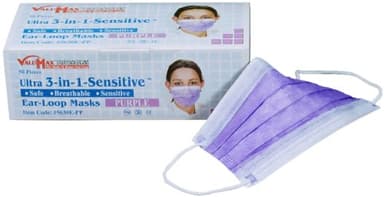 ValuMax 5630E-PP Ultra-3-In-1 Sensitive Disposable Earloop Face Masks, Cellulose Inner Layer, High Filtration, Purple, Box of 50