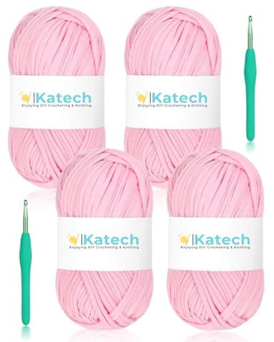 Katech T-Shirt Yarn in Pink for Crocheting, 4x100g/130yds Elastic Fabric Kit for Knitting & Hand DIY Projects, Home Decor