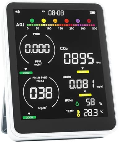 Air Quality Monitor Indoor,13-in-1 Smart Air Quality Tester with PM 2.5, CO2, TVOC, HCHO, PM1, AQI, PM10, Temperature & Humidity, Real Time Display, Battery Powered, for Home & Office (Ice White)