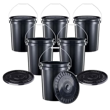 United Solutions 5-Gallon Heavy-Duty Buckets with Snap-On Lids, 6-Pack – BPA-Free, Food-Grade Plastic, Multi-Purpose Storage for Home, DIY, and Job Sites – Black