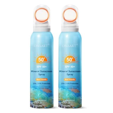 Reef Safe Mineral Sunscreen Spray SPF 50+ with Zinc Oxide, Broad Spectrum UVA/UVB Protection, Lightweight Non-Greasy, Travel Size Sunscreen for Face & Body, Water & Sweat Resistant, 6.76 oz(2 Pack)