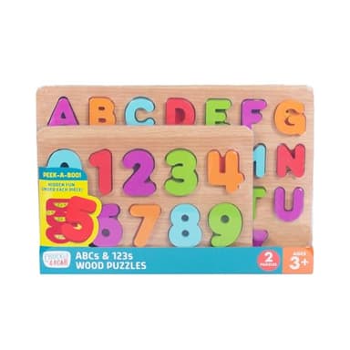Chuckle & Roar - Wooden Puzzle ABC and 123 Theme 2 Pack - Peek a Boo Learning Puzzles for Toddlers - Hidden Pictures Under Each Piece - Educational Wooden Puzzles for Kids Ages 3+
