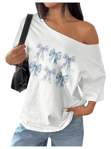 RoseSeek Women's Oversized Off Shoulder Graphic Tees Short Sleeve Bow Letter Print T Shirts Y2K Tops White Bow Small